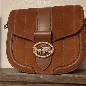 Coach Brown Suede and Leather Crossbody Bag with Gold Detail